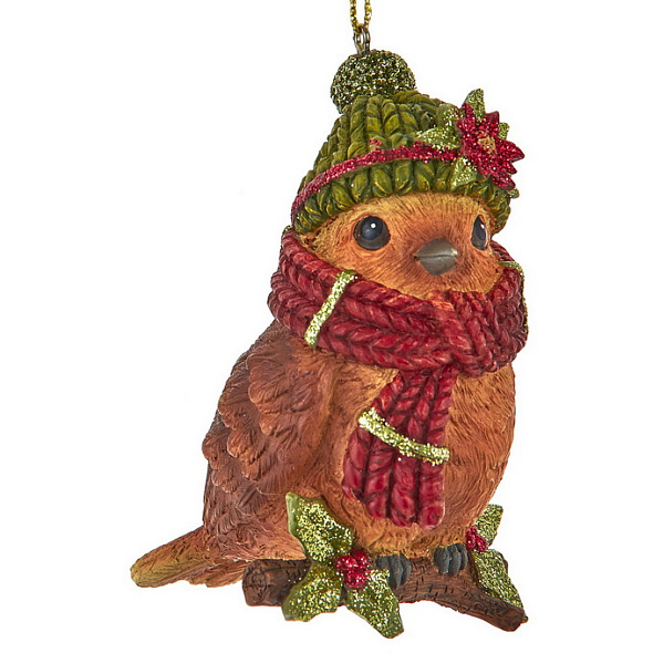 Елочная игрушка "Малиновка в зеленой шапке 8,3 см