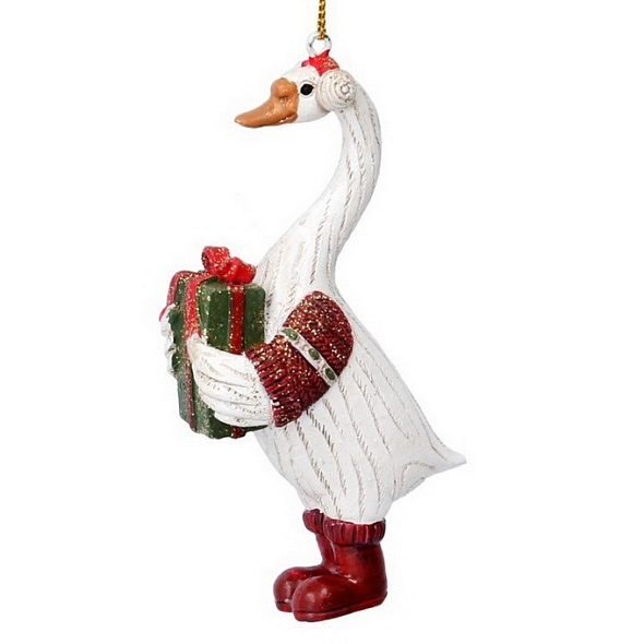 Новогодняя игрушка "Гусь бело-красный с подарком" 10 см