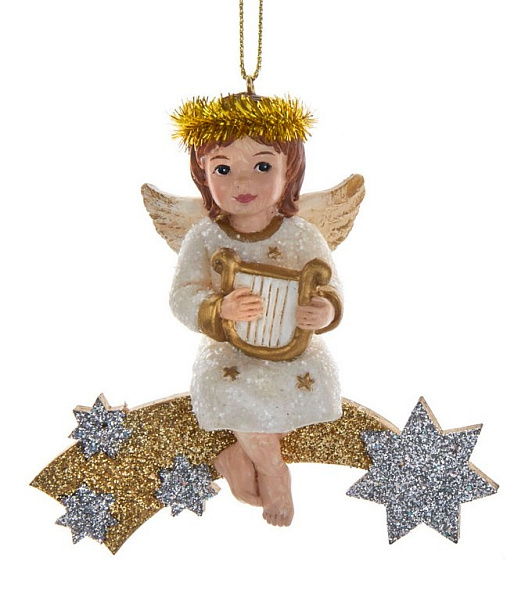Игрушка на елку "Ангел на звездах с арфой" 9 см