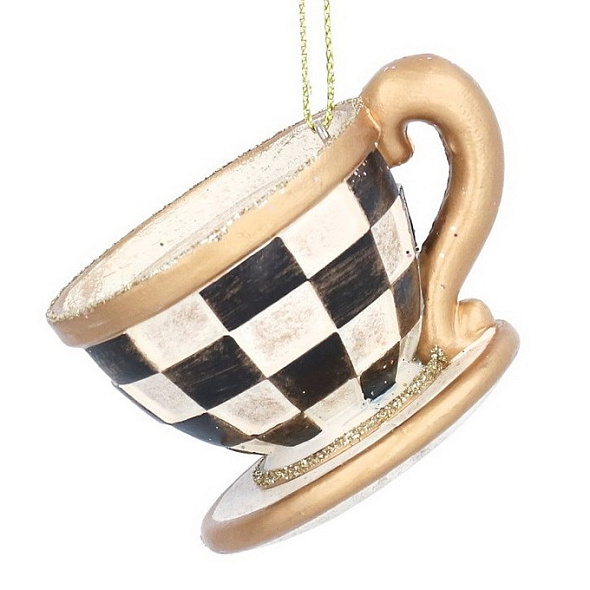 Елочная игрушка "Чашка с блюдцем" 8 см, черно-белая