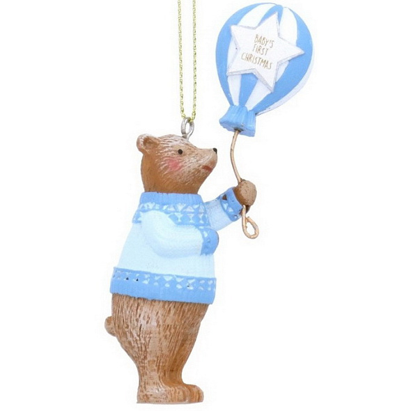 Елочная игрушка "Плюшевый мишка с воздушным шаром" 9 см, голубая