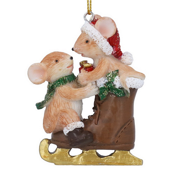 Елочная игрушка "Мышки на коньке" 7 см