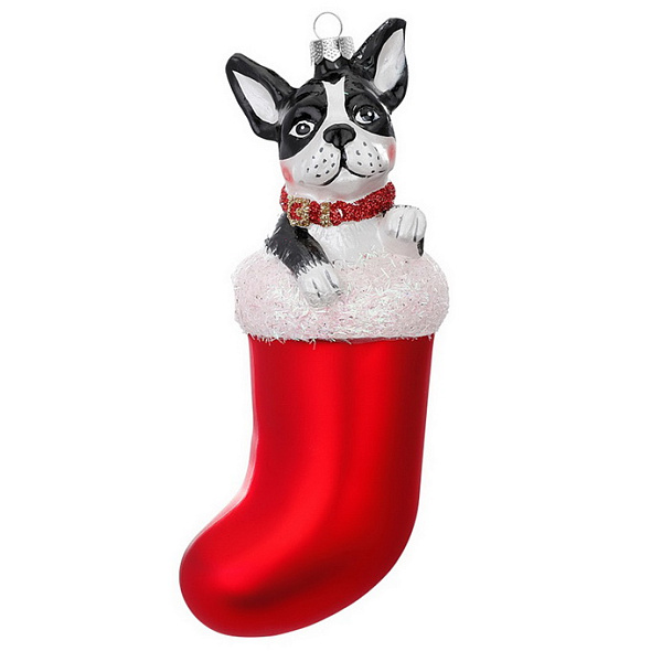 Елочная игрушка "Бульдог в носке" 14 см