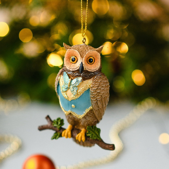Елочная игрушка "Сова в голубом кафтане" 9 см