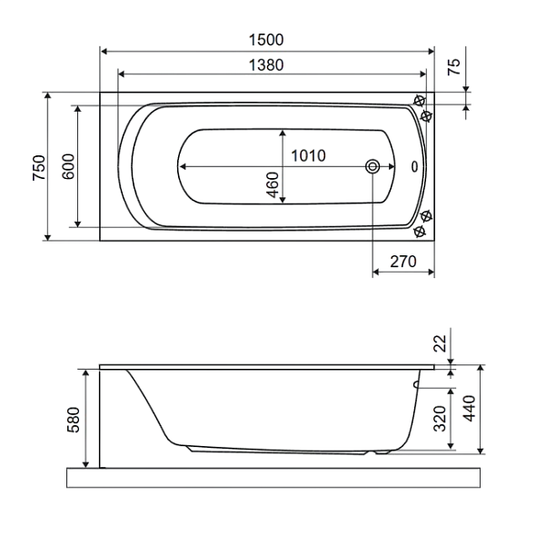 Ванна акриловая Excellent Lamia 150x75, с ножками