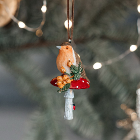 Новогодняя игрушка "Снегирь на мухоморе" 8 см, в ассортименте