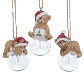 Елочная игрушка "Мишка на стеклянном шаре" 7 см, в ассортименте