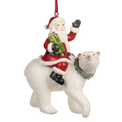 Елочная игрушка "Санта с подарками на медведе" 12 см