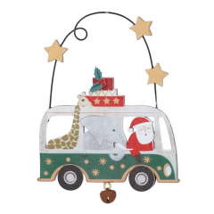 Елочная игрушка "Санта с жирафом и слоном в автобусе" 11х8 см