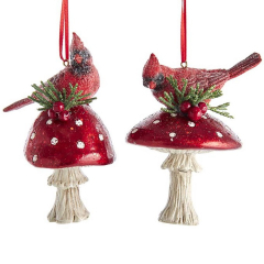 Игрушка на елку "Кардинал на мухоморе" 10,4 см, в ассортименте