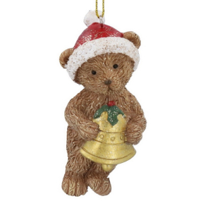 Елочная игрушка "Плюшевый мишка в шляпе Санты с колокольчиком" 9 см