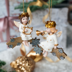 Игрушка на елку "Ангел на звездах с арфой" 9 см
