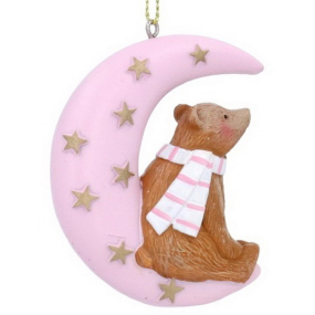 Новогодняя игрушка "Плюшевый мишка на луне" 6 см, розовая
