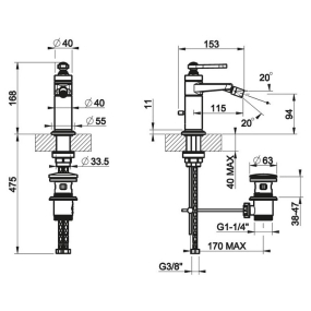 Смеситель для биде Gessi Venti20 65007.149, с донным клапаном, брашированный никель