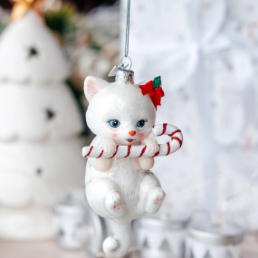 Игрушка на елку "Котик белый с леденцом" 12,7 см