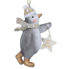 Елочная игрушка "Пингвин со звездой" 8 см, цвет бежевый