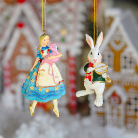 Елочная игрушка "Белый кролик со скрипкой-часами" 8 см