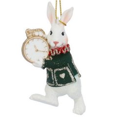 Елочная игрушка "Белый кролик с часами" 8 см