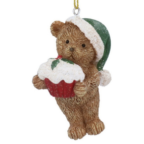 Елочная игрушка "Плюшевый мишка в шляпе Санты с кексом" 9 см