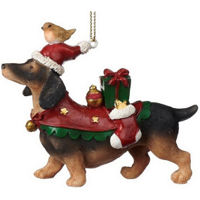 Новогодняя игрушка "Такса с птичкой" 8 см