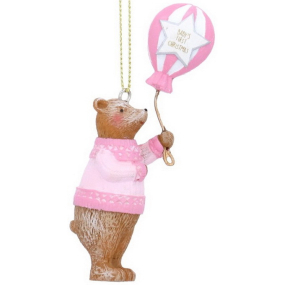 Елочная игрушка "Плюшевый мишка с воздушным шаром" 9 см, розовая