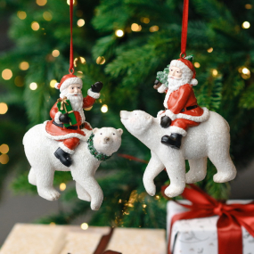 Елочная игрушка "Санта с елкой на медведе" 12 см