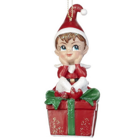 Новогодняя игрушка "Эльф на коробке" 11,5 см