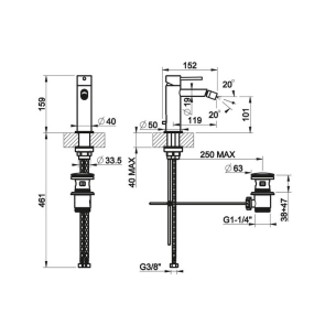 Смеситель для биде Gessi 316 54007.239, с донным клапаном, брашированная сталь