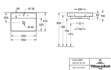 Раковина Villeroy & Boch Collaro 65х47 CeramicPlus, 4A3366R1, подвесная , из TitanCeram, белая