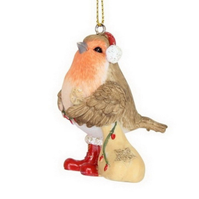 Елочная игрушка "Снегирь с мешком" 11 см