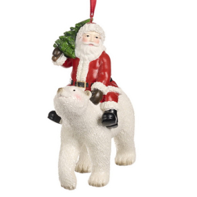 Елочная игрушка "Санта с елкой на медведе" 12 см