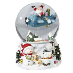 Снежный шар музыкальный "Санта на самолете" 14,5 см