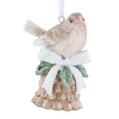 Елочная игрушка "Птица на сосновой шишке с бантом" 7 см