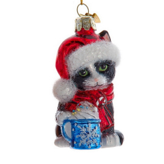 Новогодняя игрушка "Черный котенок с подарком" 8,3 см