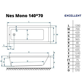 Ванна акриловая Excellent Ness Mono 140x70, с ножками