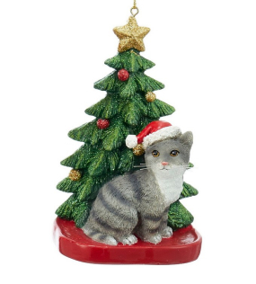 Новогодняя игрушка "Серый котик под елкой" 10,8 см