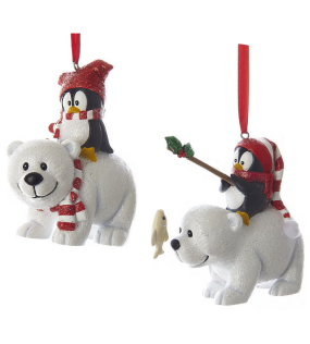 Новогодняя игрушка "Пингвин на белом медведе" 9 см, в ассортименте