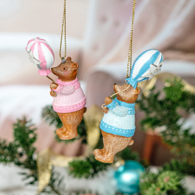 Елочная игрушка "Плюшевый мишка с воздушным шаром" 9 см, голубая