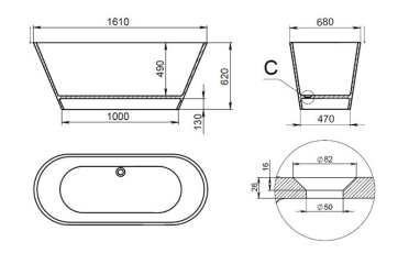 Ванна Holbi Selena SR 161х68, из Soft Rock, белая матовая, с сифоном