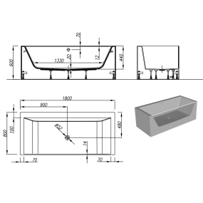 Ванна Kolpa-San Copelia Light FS 180x80, из каменной массы Kerrock, с акриловым стеклом, белая