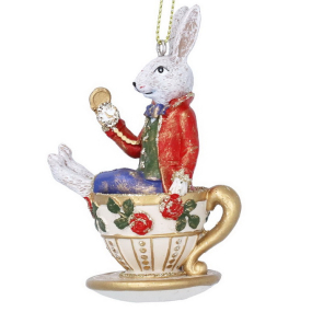 Елочная игрушка "Белый кролик в чайной чашке" 9 см