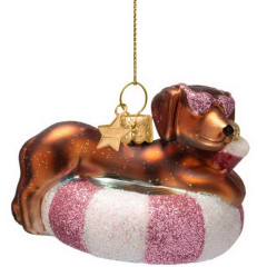 Елочная игрушка "Такса на надувном круге" 6 см