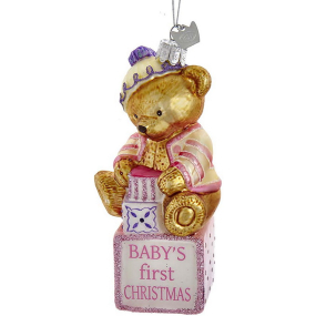 Новогодняя игрушка "Медвежонок -малыш" 12,7 см, розовая