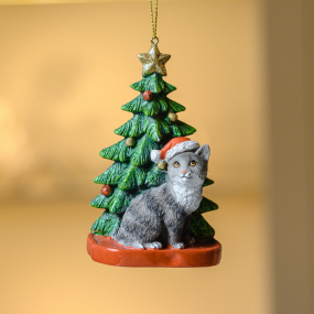 Новогодняя игрушка "Серый котик под елкой" 10,8 см