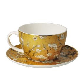 Чашка для капучино с блюдцем "Цветущие ветки миндаля" 250 мл, цвет золото