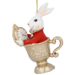 Елочная игрушка "Белый кролик в чайной чашке" 9 см