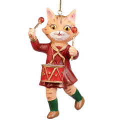 Новогодняя игрушка "Кошка с барабаном" 9 см