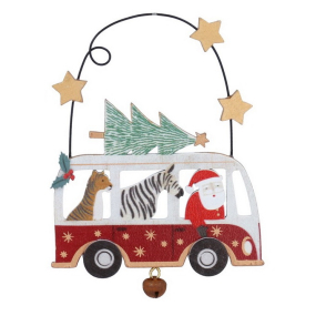 Елочная игрушка "Санта с тигром и зеброй в автобусе" 11х8 см
