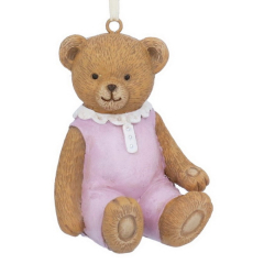 Елочная игрушка "Медведь в комбинезоне" 8 см, цвет розовый